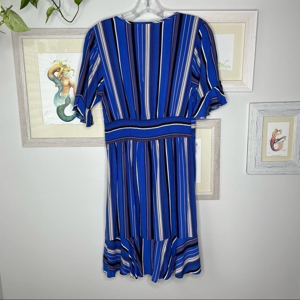 Band of Gypsies Blue Striped Ruffle Wrap Dress Size Medium - Picture 2 of 13